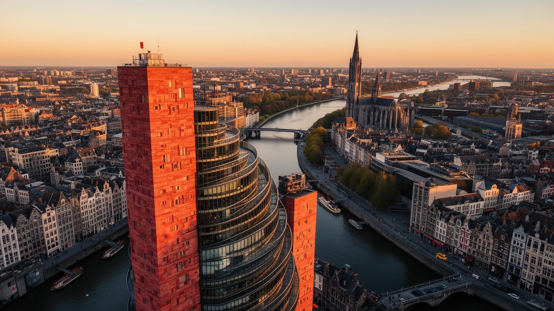 Drone foto van het MAS en Antwerpen skyline